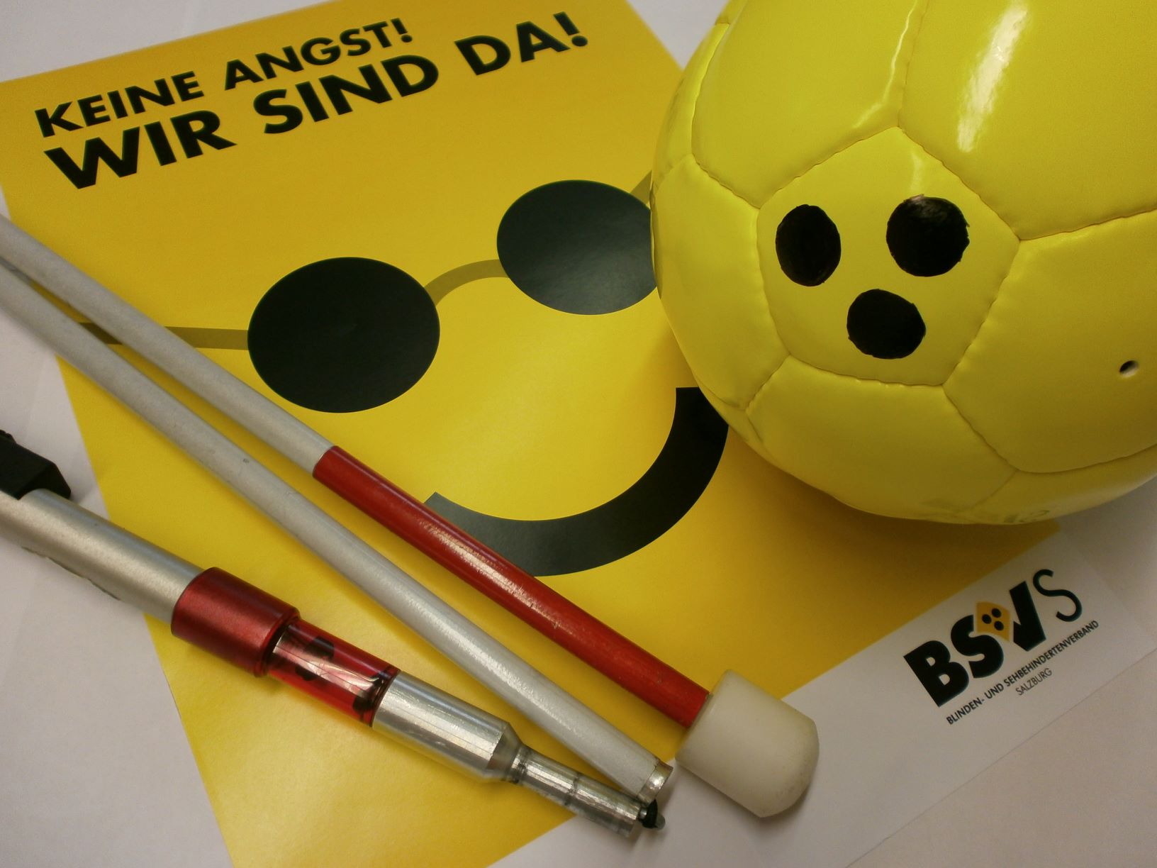 Langstock, Dreipunkt-Ball und BSVS-Folder mit Smiley